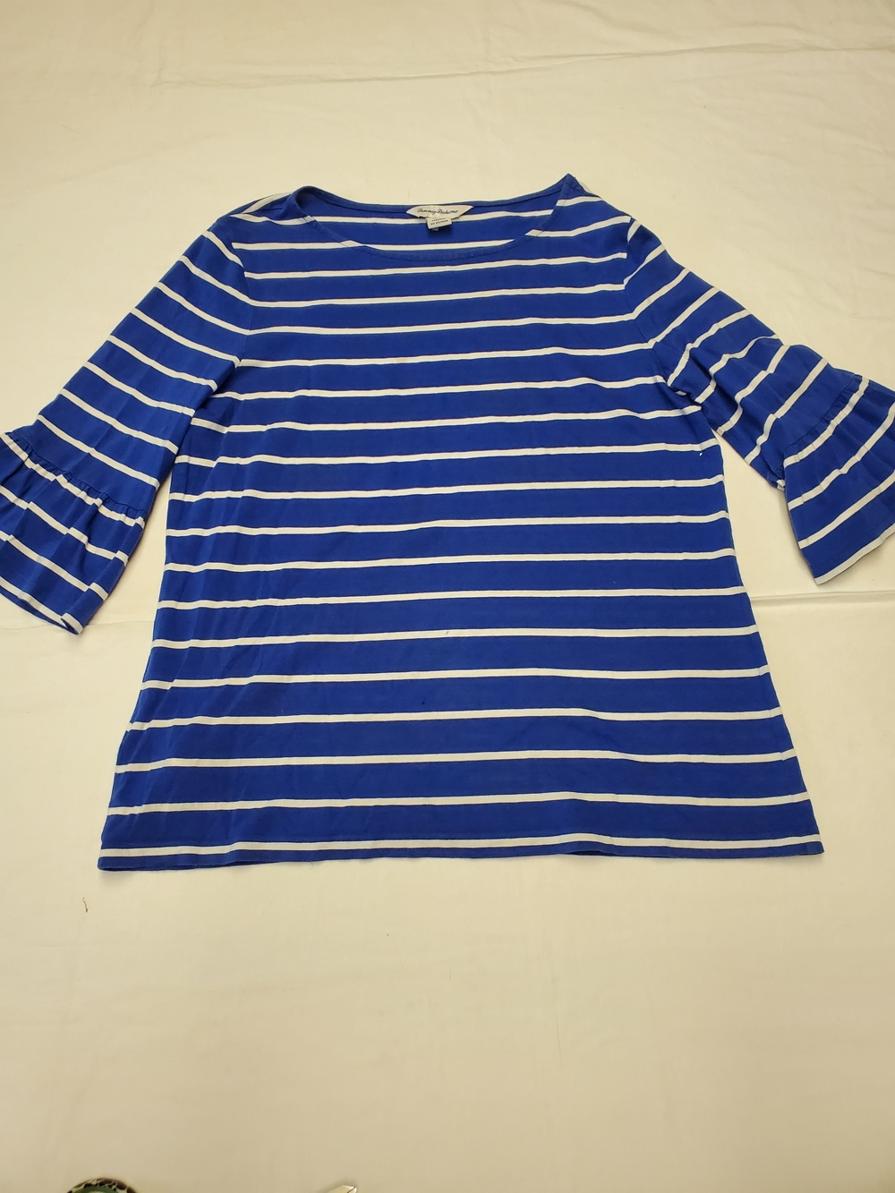 Tommy Bahama Blue White Striped Top Bell Sleeve Nautical Coastal Stretch Tee S